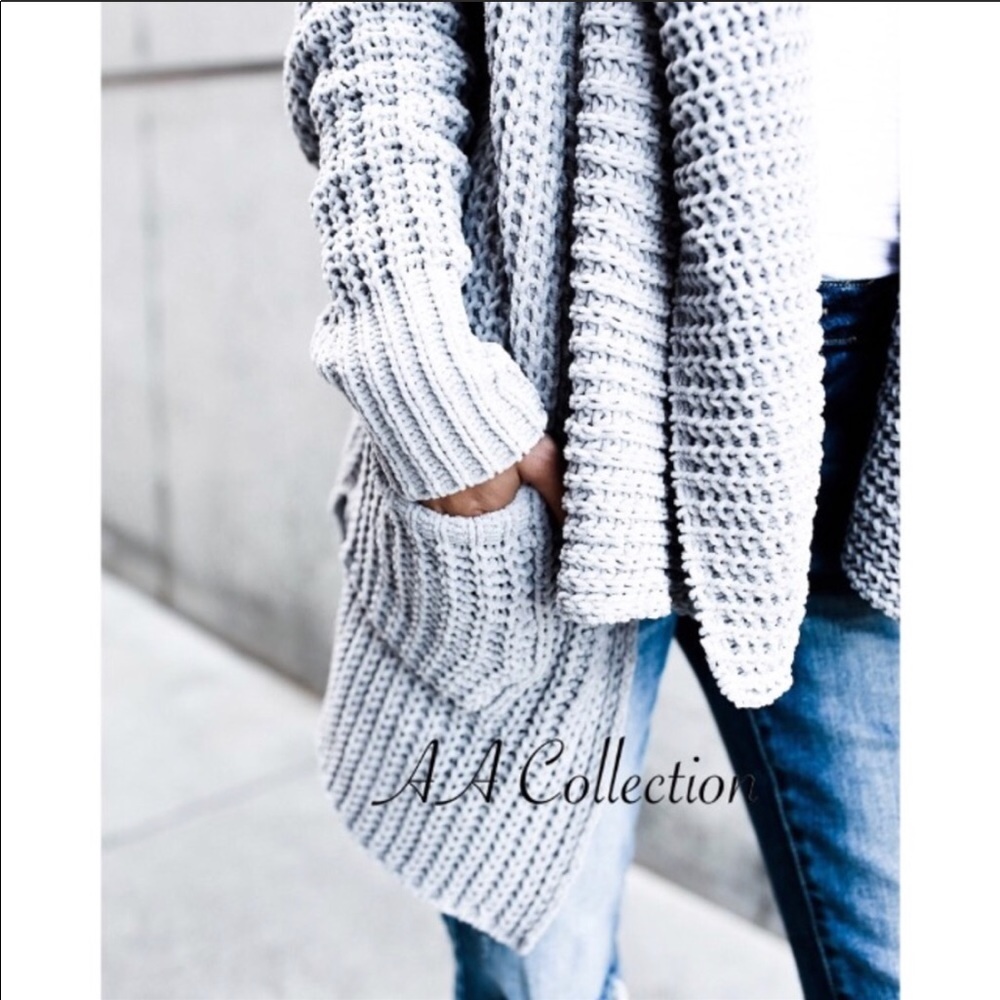 Chenille Gray Sweater cardigan drape long sleeves - Picture 3 of 3